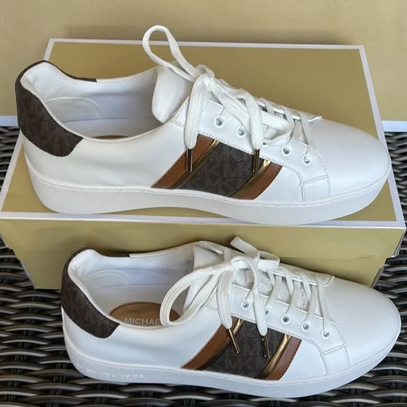 MICHAEL KORS POPPY STRIPE LACE UP NAPPA FAUX LEATHER WMNS OPTIC WHITE/BROWN - Picture 2 of 16